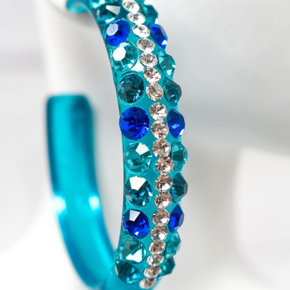 2.5" Clear Teal Lucite Blue Tones Rhinestone Hoops - Picture 8 of 10